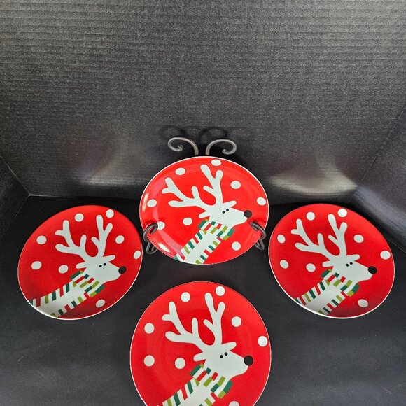 Crate And Barrel. 4 Reindeer Appetizer, Salad, Dessert Plates. 7.5" Round - Picture 6 of 9